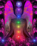 colorful chakra art print with a fuchsia angel torso with the seven chakra colors aligned down the center, and blue lights in her hands and a Reiki symbol over her head