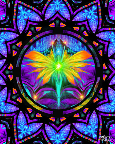 Reiki-infused art print of a rainbow fairy with raised arms encircled by a colorful mandala border called "Centered" by Primal Painter