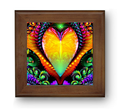 Framed Ceramic Art Tile, Psychedelic Rainbow Heart Fractal, Angel Coaster- "Universal Love"