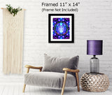 Framed violet angel art print with a circle of starry purple hearts and displayed above a chair