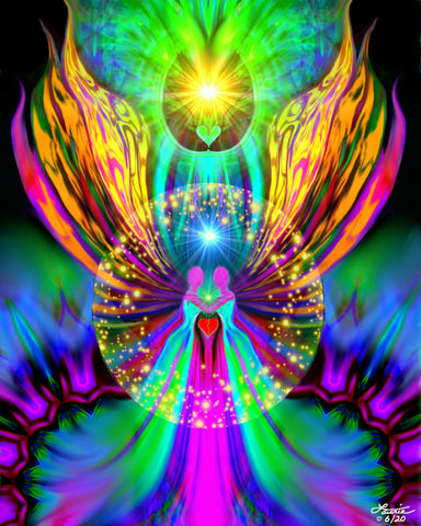 Energy art of two angels with rainbow wings, embracing each other inside a starburst circle. Purples rays of energy  are in the background and above is a yellow starburst.