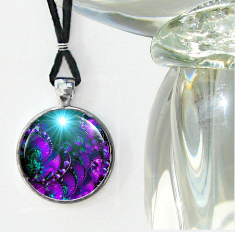 Purple and Teal Abstract Art Necklace, metaphysical artwork by Primal Painter