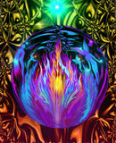Original digital art of a sphere encircling the violet flame and surrounded by fairies with an intricate rainbow colored pattern in the background. Reiki-inspired art for energy workers and spiritual seekers