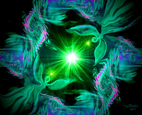 Abstract art in green with two angels facing a central green starburst and surrounded by abstract patterns