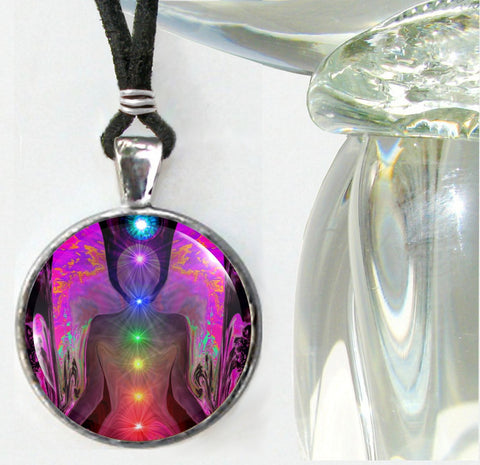 Fuchsia Angel necklace with rainbow array of chakras by Primal Painter