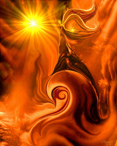 orange chakra angel art print of an angel standing on top of a spiral with a bright sun in the corner