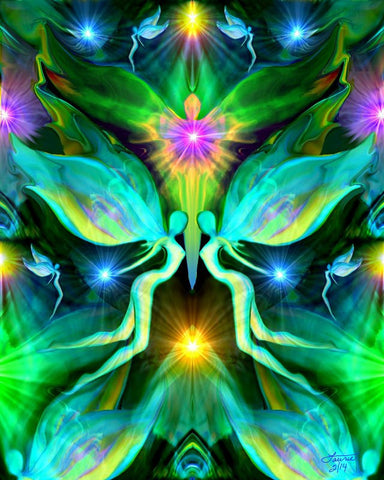 Green visionary art of two twin flame fairies face to face with a central angel above them representing the Higher Self. 