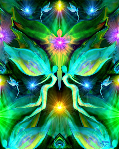 Green visionary art of two twin flame fairies face to face with a central angel above them representing the Higher Self.