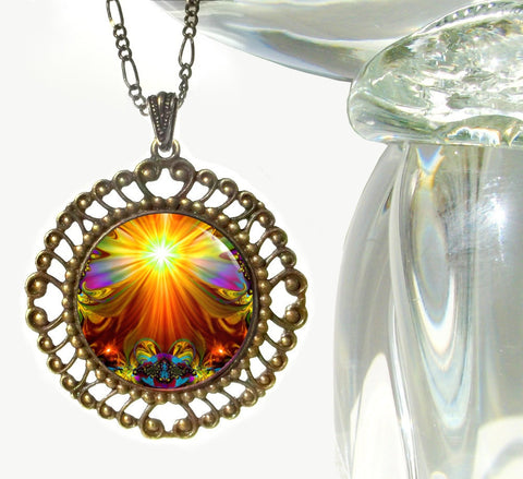 Psychedelic Art Necklace, Orange Starburst Energy Jewelry, Meaningful Gift - "Light Being"