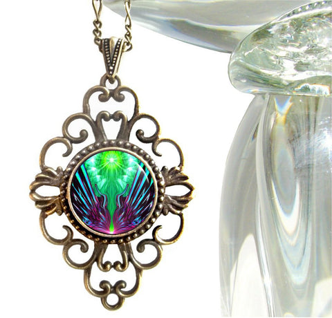 diamond shaped necklace featuring geometric green and purple abstract art