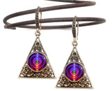 bronze triangle dangle earrings featuring seven chakra art print sealed under a glass dome