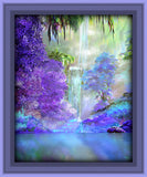 purple fantasy landscape art print rendered in an impressionist style of a waterfall surrounded by purple trees and a blue violet stream in front with a lavendar frame
