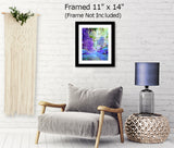 purple fantasy landscape art print rendered in an impressionist style of a waterfall surrounded by purple trees and a blue violet stream in front and displayed over a chair