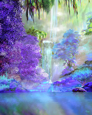 purple fantasy landscape art print rendered in an impressionist style of a waterfall surrounded by purple trees and a blue violet stream in front