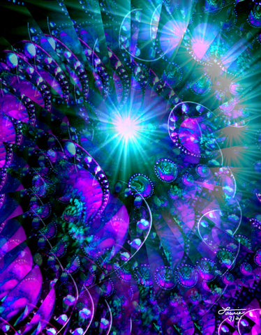 purple and teal abstract art in a swirling pattern and a blue starburst in the center titled Spiraling by Primal Painter