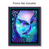 "The Divine Light" is a fantasy fairy art print in the celestial angel line of Reiki-inspired wall decor with blue, purple, and teal circles, a crescent moon, and an intricate circular design by Primal Painter in a forest green frame.