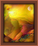 "The Journey" is a gold, orange, and yellow abstract art landscape in the Afterlife series of inspirational wall art by Primal Painter
