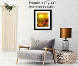 "The Journey" is a gold, orange, and yellow abstract landscape in the Afterlife series of inspirational wall art by Primal Painter framed and displayed above a chair