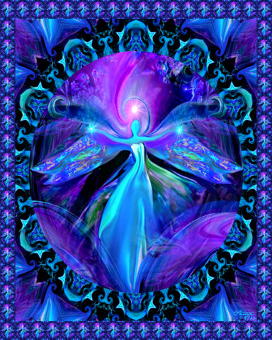 Purple angel artwork with a teal decorative oval border inside an intricate border of repeating images called "The Seer" by Primal Painter
