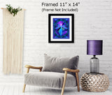 Purple angel artwork with a teal decorative oval border inside an intricate border of repeating images called "The Seer" by Primal Painter, framed and hanging above a chair