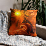 orange throw pillow featuring second chakra artwork by Primal Painter of an angel riding a spiraling wave with a yellow sun in the corner