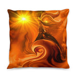 orange throw pillow featuring second chakra artwork by Primal Painter of an angel riding a spiraling wave with a yellow sun in the corner