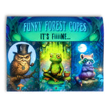 Funky Forest Copes 2026 calendar cover featuring three whimsical illustrations of forest characters: frog, mushroom, raccoon; full-color, heavy satin cardstock.