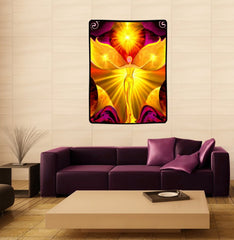 bright yellow angel art tapestry by Primal Painter hanging over a couch.
