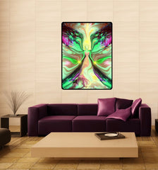 pastel angel art in green and yellow by Primal Painter hanging as a tapestry over a couch. 