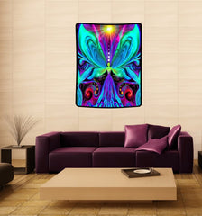 rainbow angel with huge wings artwork by Primal Painter, tapestry hanging over a couch