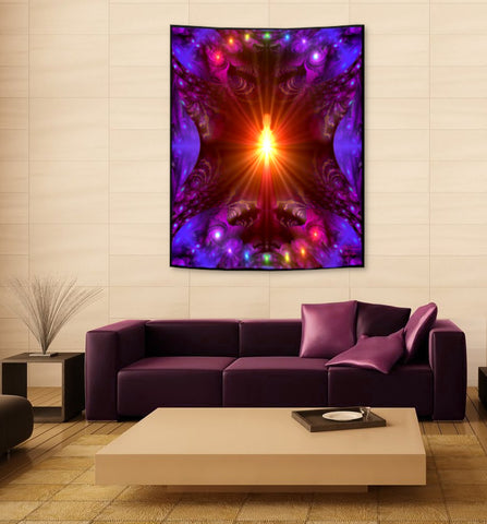 Colorful abstract tapestry hanging above a purple sofa in a living room. Art by Primal Painter