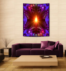 Colorful abstract tapestry hanging above a purple sofa in a living room. Art by Primal Painter