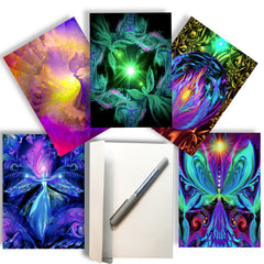 A variety of five different angel-themed greeting cards with vibrant, metaphysical art, along with a white pen. The cards feature various designs with bright colors and abstract patterns. Art by Primal Painter