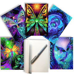 Set of 5 very colorful angel art greeting cards, 5" x7" size, Pearl finish, includes envelopes. Art by Primal  Painter. 