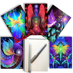 A set of five vibrant, pearl-finished greeting cards with various angel-themed artwork, along with a single pen for scale. Art by Primal Painter