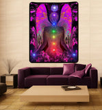 large fleece tapestry with a fuchsia colored angel with blue lights in her hands and the seven chakra colors aligned on her body. Chakra art by Primal Painter.