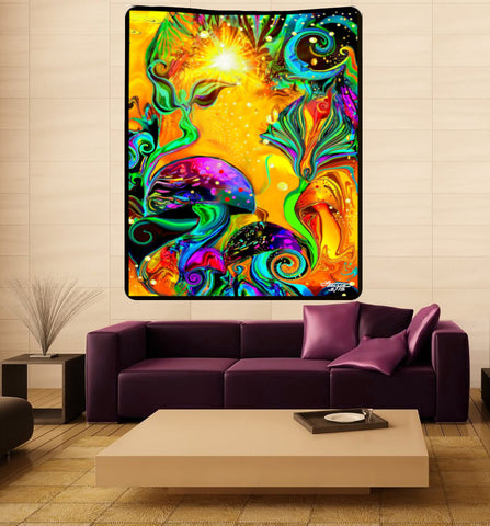 Huge Wall Hanging, Fantasy Fairy Art Tapestry with Mushrooms - "Waking Life"