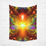 Colorful tapestry called Light Being by Primal Painter with a vibrant abstract art design hanging on a wall 