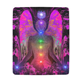 Sherpa blanket with a colorful angelic figure with chakra points and pink wings on a black background