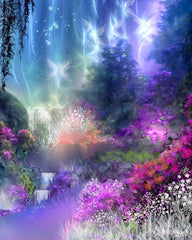 Landscape Impressionist Art Print, Rainbow Fantasy Dreamscape, flowers, water, fairies, dreamy - "The Fairy Realm" by Primal Painter