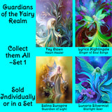 Four colorful fairy illustrations with names and descriptions on a blue background. Artwork by Primal Painter, Guardians of the Fairy Realm