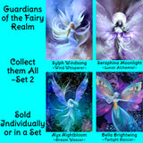 Four colorful fairy illustrations with names and descriptions on a blue background. Artwork by Primal Painter, Guardians of the Fairy Realm