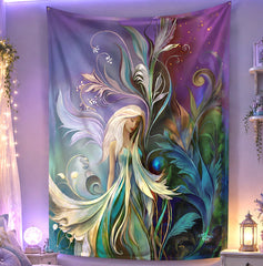 Garden fairy fantasy art tapestry by Primal Painter called Fey Dawn of the Fae Realm.  Hanging on a violet wall