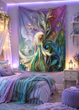Garden fairy fantasy art tapestry by Primal Painter called Fey Dawn of the Fae Realm. Hanging in a purple and blue fantasy-themed bedroom