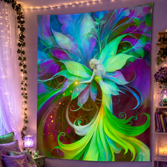 Colorful fairy tapestry hanging on a wall with decorative lights and plants. Art by Primal Painter.