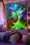 Colorful fairy tapestry hanging on a wall with decorative lights and plants. Art by Primal Painter.