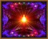 A central orange light being radiates outward, the seven chakra colors arching above and below in a full spectrum of light, all set against a mandala fractal purple background. Art by Primal Painter.  framed
