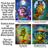 Collage of four colorful illustrations featuring a raccoon, owl, frog, and hippie mushroom with text promoting Primal Painter.