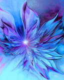 Abstract art print of a blue and purple flower-like winged design called The Unfurling by Primal Painter