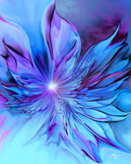 Abstract art print of a blue and purple flower-like winged design called The Unfurling by Primal Painter